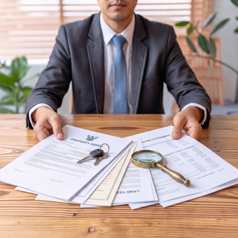 Investigator reviewing property deeds, bank statements, and car keys during an asset search